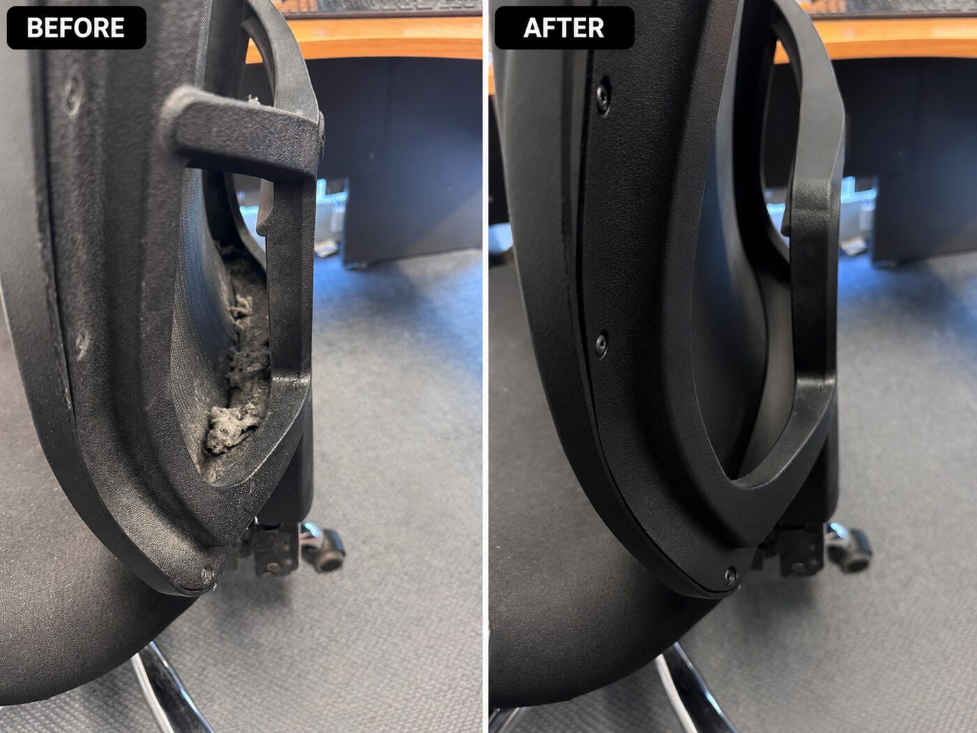 Chair base before and after deep cleaning