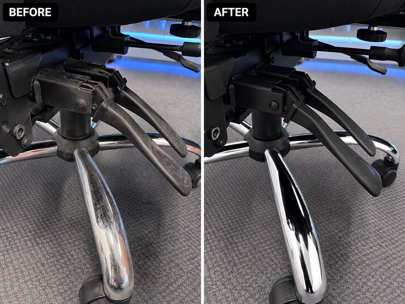 Chair castors before and after cleaning — commercial cleaning servicing Mooroolbark