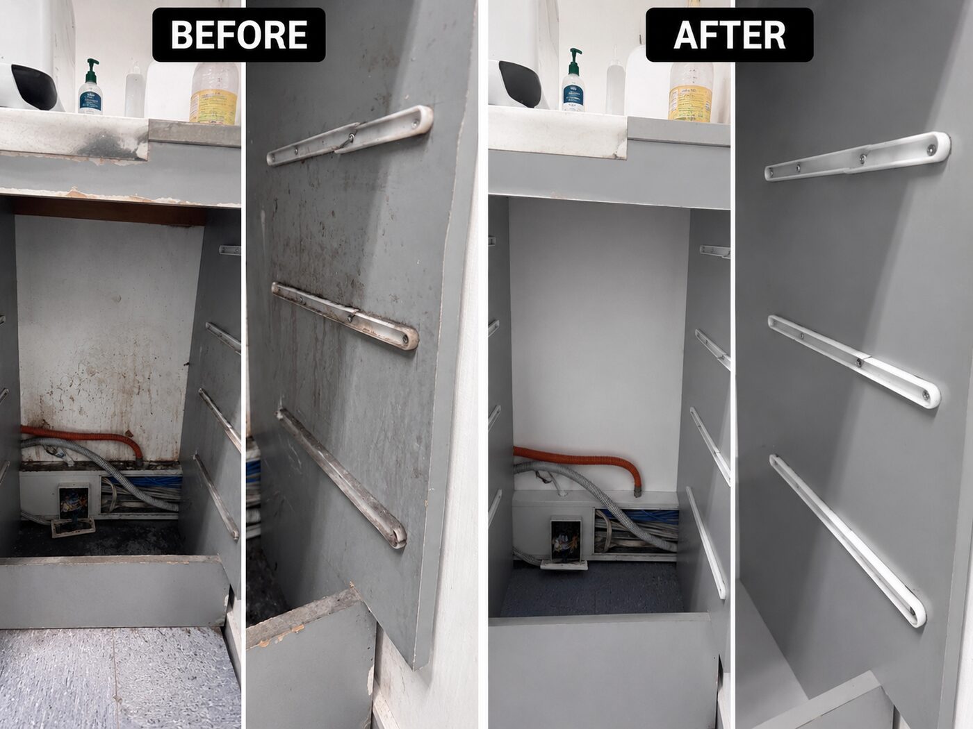 Storage cupboard before and after school cleaning
