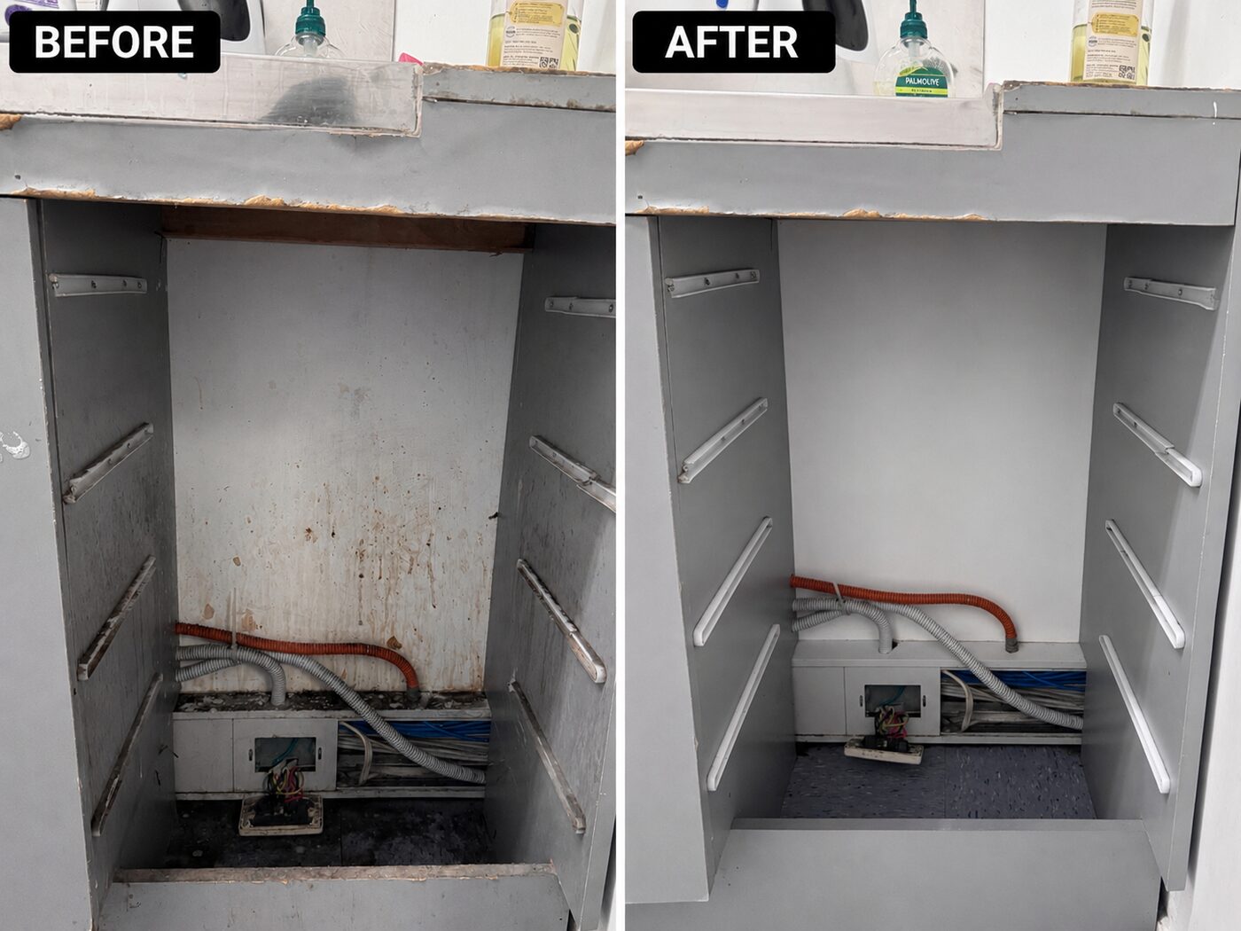 Under sink cabinet before and after childcare centre cleaning